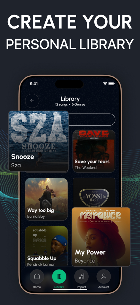 Una interfaz móvil de la aplicación Stem Splitter que muestra una biblioteca de música personal con varias carátulas de canciones para procesamiento con IA.