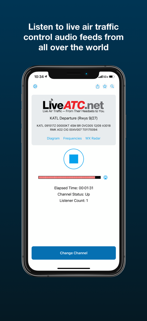 LiveATC Air Radio - Smartphone screen showing the LiveATC Air Radio app playing a live air traffic control audio feed from Atlanta KATL airport.