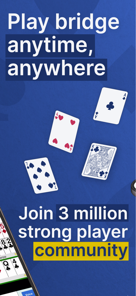 Promotional screen for Bridge Base Online app highlighting a 3 million player community and playing bridge anytime anywhere