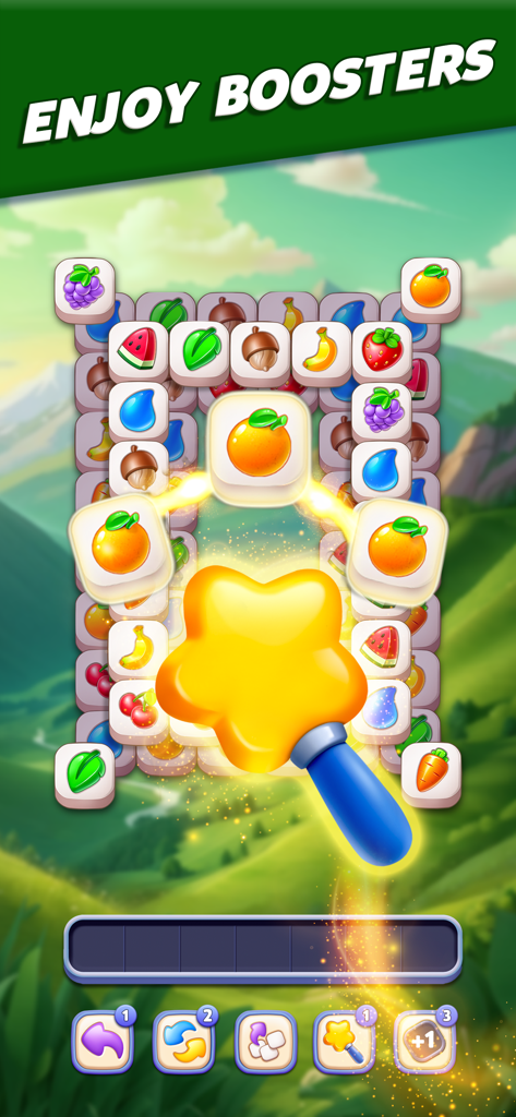Gameplay of Tile Busters showing a star booster highlighting three matching orange tiles on a puzzle board.
