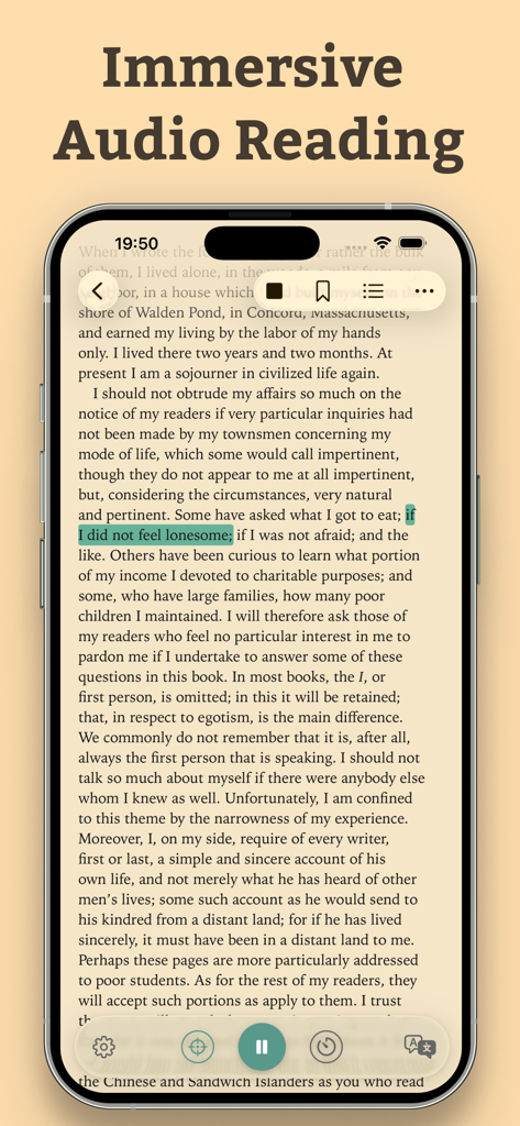 Smartphone displaying the Aurader app interface with immersive audio reading and text highlights