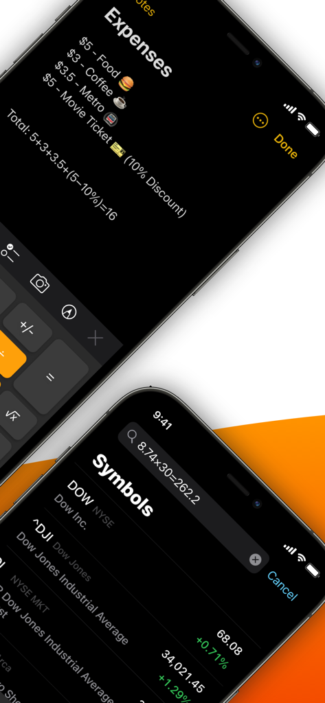 Calculator Keyboard - Calku - Demonstration of Calku calculator keyboard used for expense tracking in Notes and calculations in a stock search bar.
