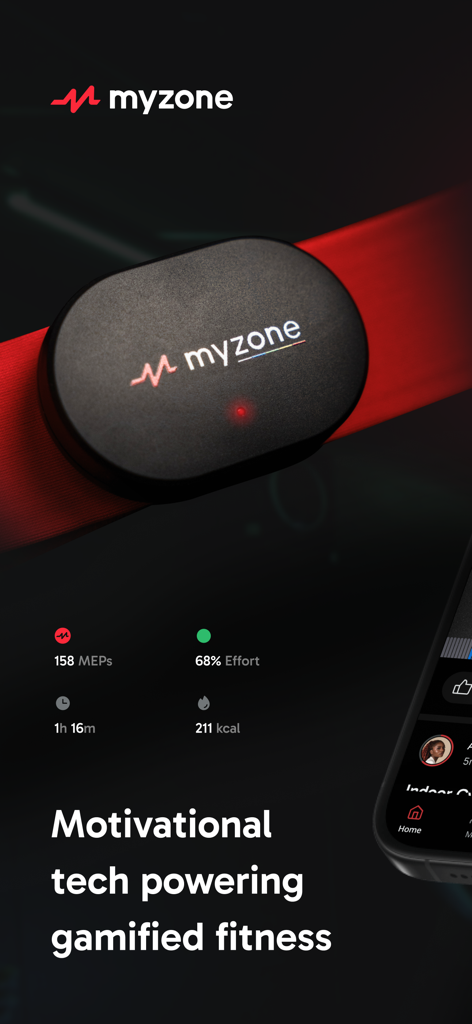 Myzone | Make movement count - A Myzone heart rate monitor device displayed with fitness app metrics and motivational text about gamified fitness.