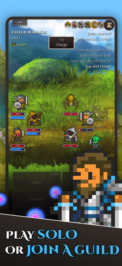 Pantalla de combate por turnos pixel art de Hero of Aethric mostrando héroes luchando contra monstruos en un campo.