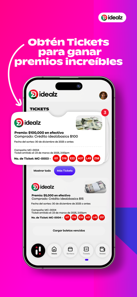 Pantalla de smartphone mostrando boletos de sorteo para premios en efectivo en la aplicación Idealz