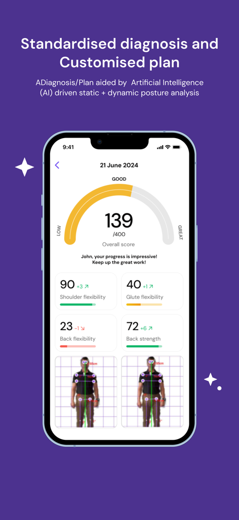 FlexifyMe app interface displaying AI posture analysis and flexibility metrics for a customized health plan