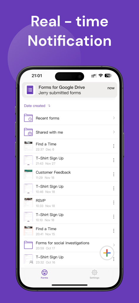 Echtzeitbenachrichtigung für eine Formularübermittlung in der Forms for Google Drive-App