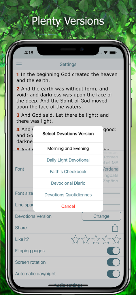 Smartphone screen showing the devotional version selection menu in the Morning and Evening app.