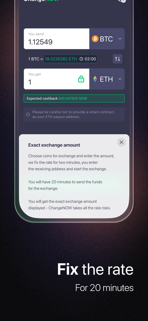 ChangeNOW app screen showing a fixed exchange rate for 20 minutes during a crypto swap