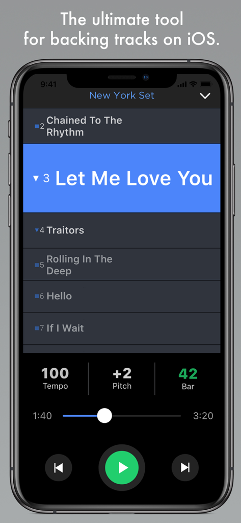 ShowOne - Pro Backing Tracks - ShowOne app interface on iPhone showing a music setlist with tempo and pitch controls for live performance.