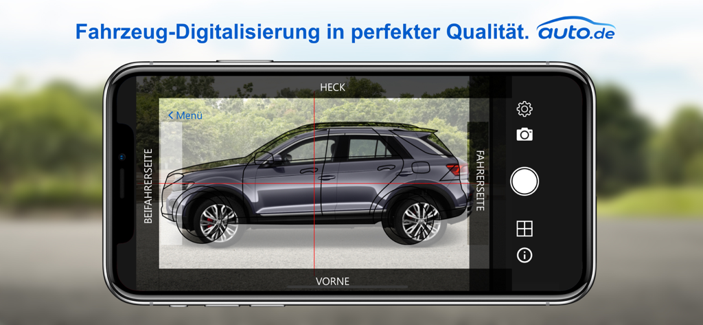 auto.de Händler App - Smartphone displaying the auto.de dealer app camera interface with alignment guidelines for taking professional car photos