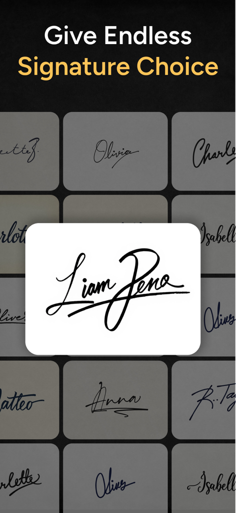 Una cuadrícula de varios estilos de firma manuscrita generados por la aplicación eSign AI.