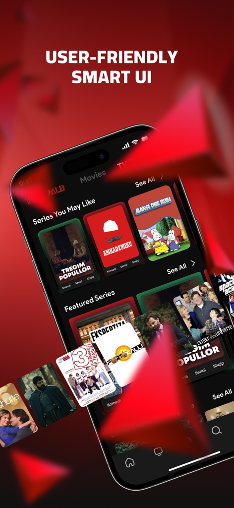 A smartphone displaying the TVALB app user interface with various Albanian television series and movies.