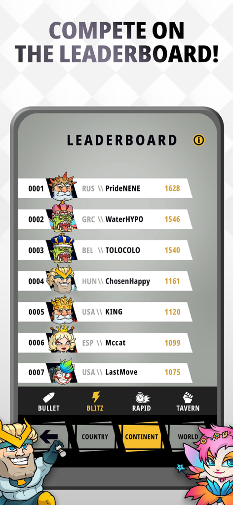 Global leaderboard ranking screen in the Chess Universe app showing player positions and scores