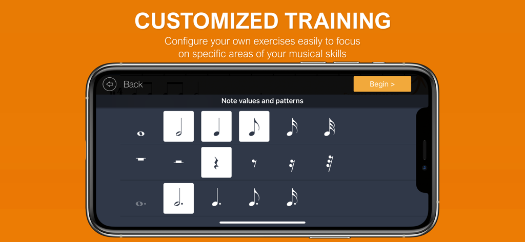 EarMaster app interface for customized training where users select musical note values and patterns