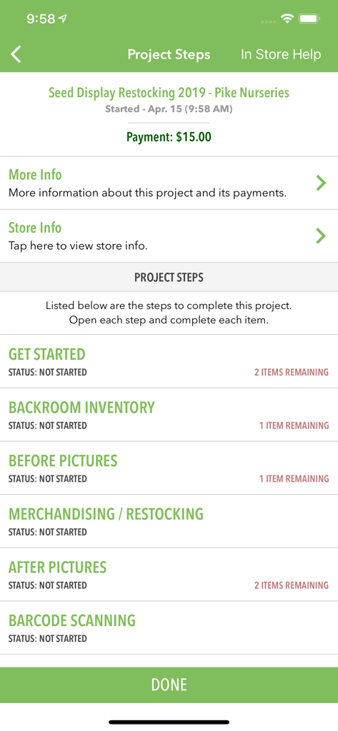 Survey Merchandiser - Survey Merchandiser 앱의 소매 재입고 프로젝트 작업 목록은 재고 및 사진과 같은 작업을 보여줍니다.