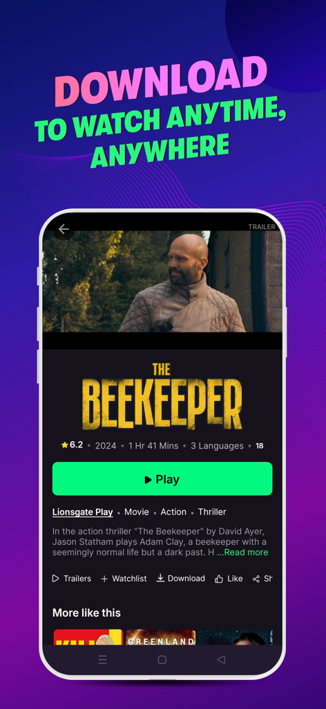 OTTplay - OTTplay app screenshot showing movie details for The Beekeeper with an option to download content for offline viewing anytime and anywhere
