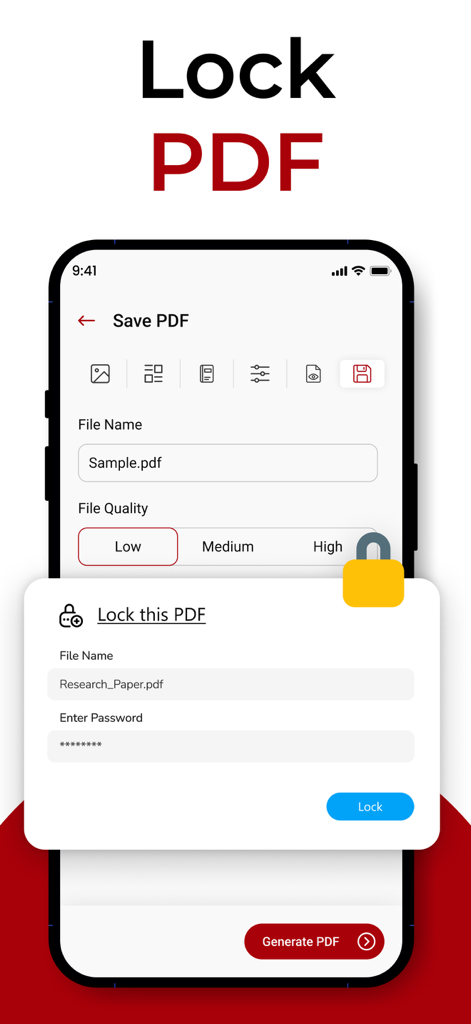 PDF 파일을 암호로 보호하고 잠그는 방법을 보여주는 모바일 앱 인터페이스.