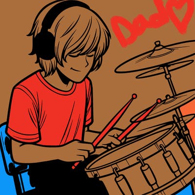 teen boy with long  hair headphones on playing drums