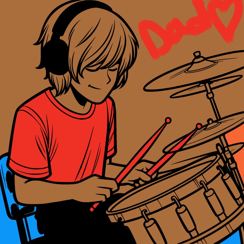 teen boy with long  hair headphones on playing drums