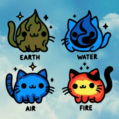 4 cats that represent the different elements, earth, water, air, and fire