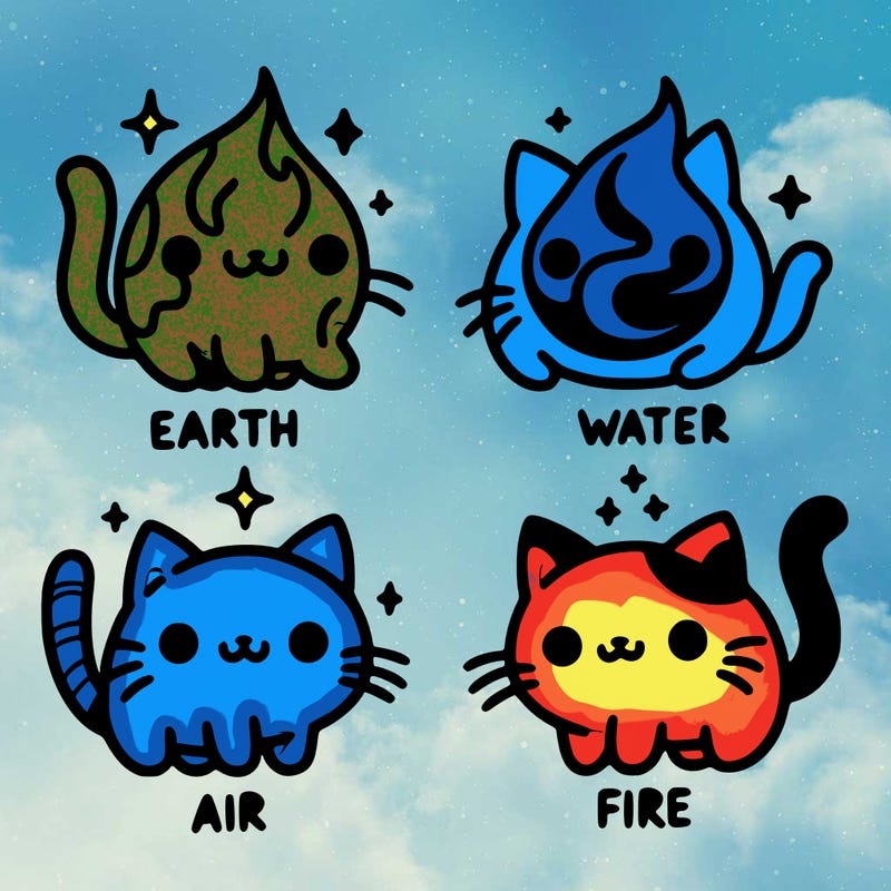 4 cats that represent the different elements, earth, water, air, and fire