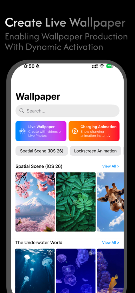 Home screen of the Lapu Fan app featuring live wallpaper categories and spatial scene photo previews of nature and underwater life