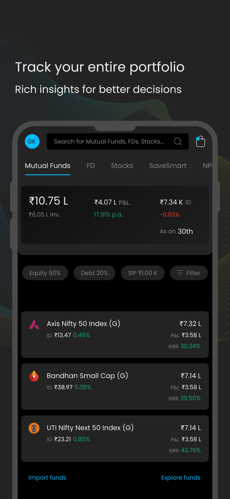 Painel do app Kuvera mostrando uma carteira de fundos mútuos com valor de investimento e estatísticas de lucro.