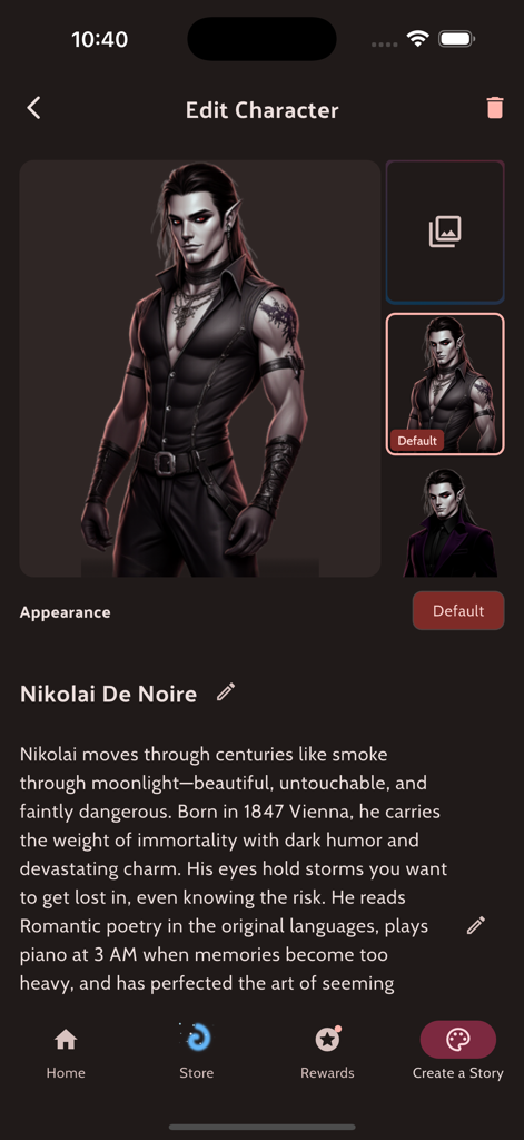 Tela de edição de personagem no aplicativo Euphoria mostrando um perfil de personagem vampiro de romance sombrio com uma biografia detalhada