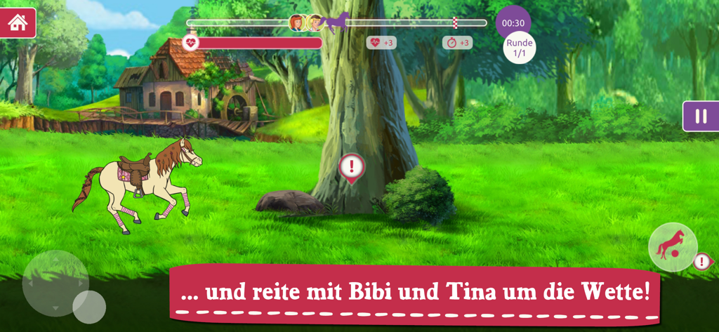 A cartoon horse galloping through a green field in the Bibi and Tina horse racing game