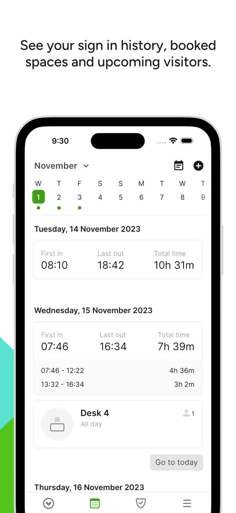 Sign In Companion - Sign In Companion mobile App-Oberfläche mit täglicher Anmeldehistorie und gebuchten Schreibtischplätzen.