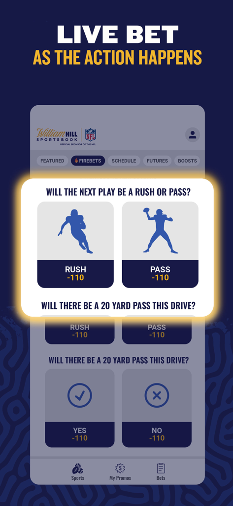 William Hill Nevada - William Hill Nevada app live betting screen showing NFL game play predictions for rush or pass