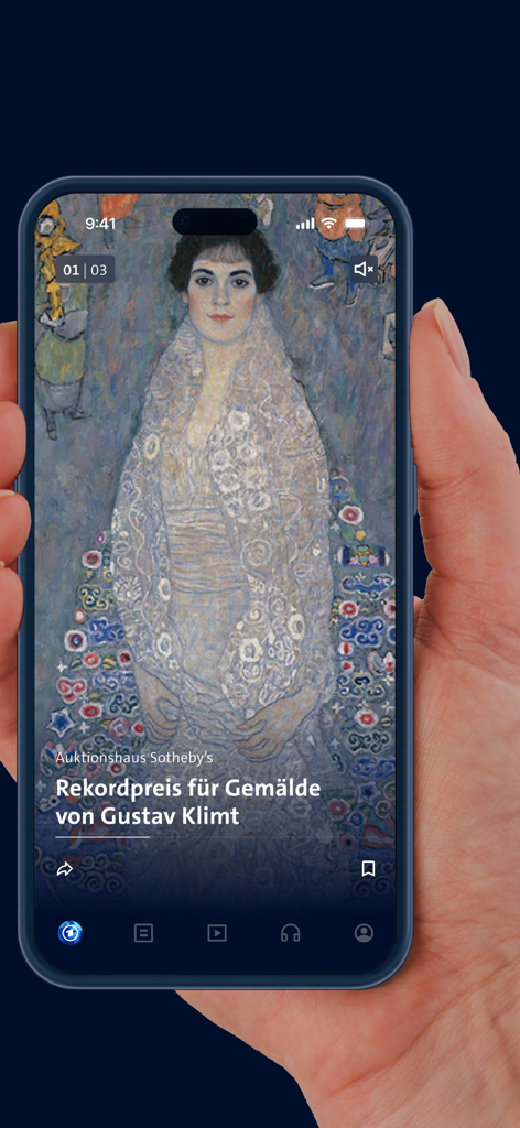 Hand holding a smartphone displaying the Tagesschau app with a news story about a Gustav Klimt painting.