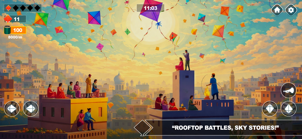 Colorful kites flying over a city during a rooftop battle at sunset