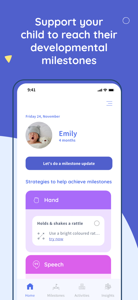 Baby Milestones & Development - Painel do aplicativo Alo mostrando rastreamento de marcos de desenvolvimento e atividades para uma bebê de quatro meses chamada Emily