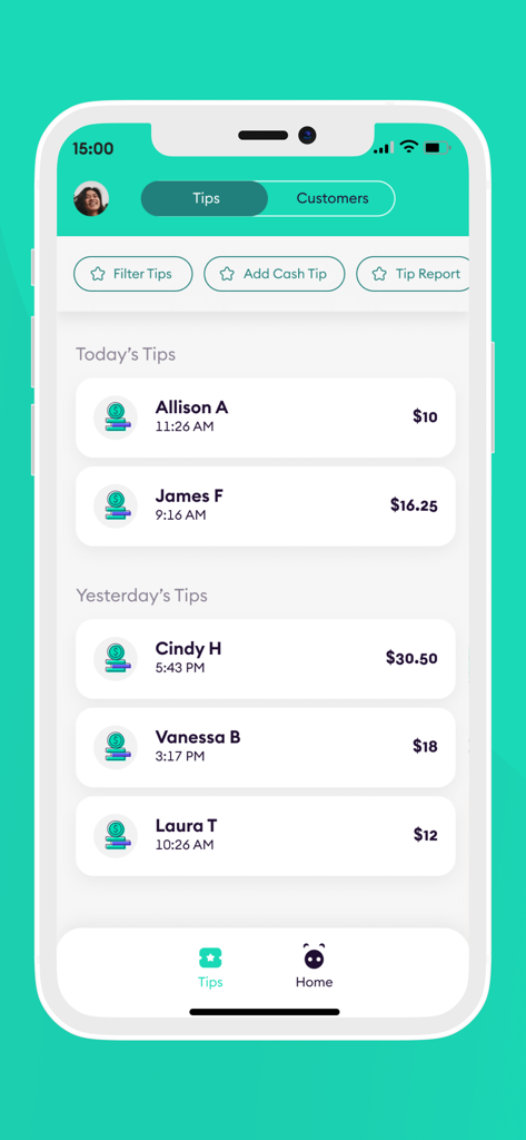 Interface de l'application Tippy montrant une liste détaillée des pourboires quotidiens et des revenus pour les professionnels des services.