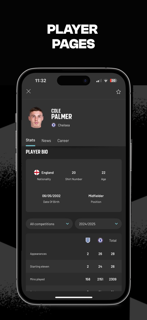 Page joueur de l'application GOAL Live Scores montrant la biographie et les statistiques de performance de Cole Palmer