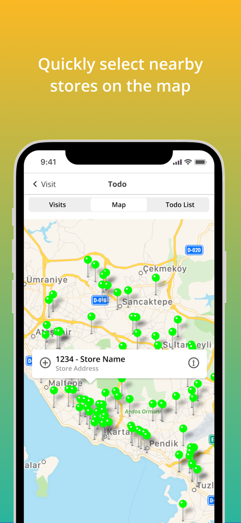 Mobile map interface showing nearby store locations for retail field representatives