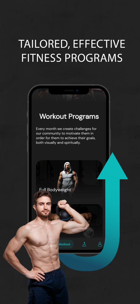 Fit by LevelUP app interface displaying tailored fitness programs with a muscular man holding a kettlebell.