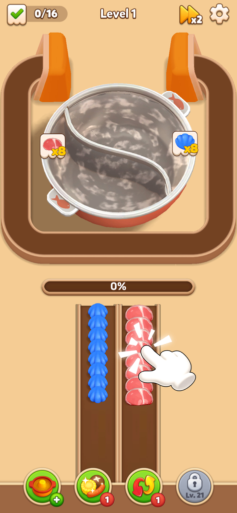 Level one gameplay of Hotpot Flow showing meat and seafood on a conveyor belt being sorted into a boiling pot.