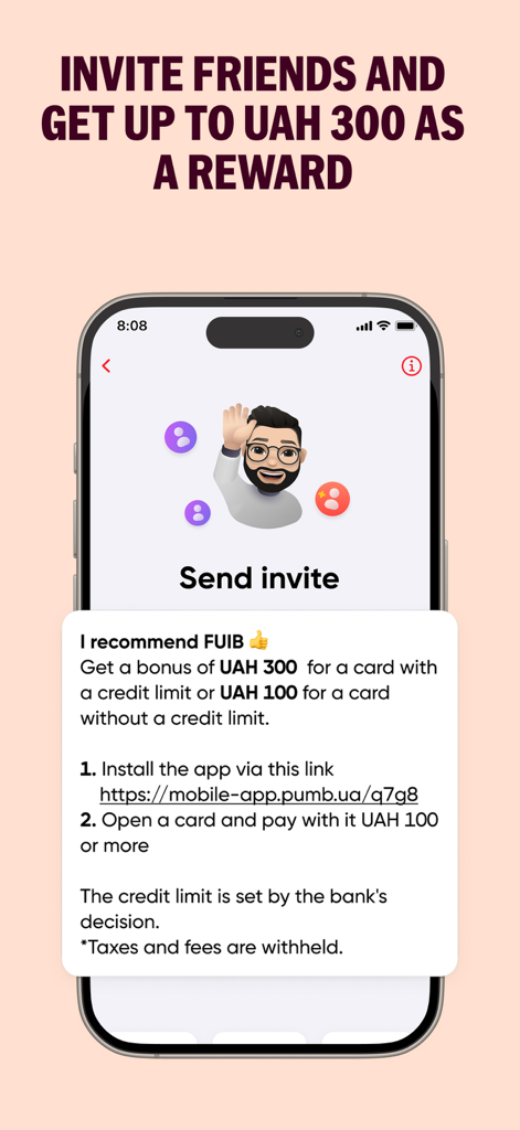 PUMB - Online Bank 24/7 - PUMB app screen showing a referral program to invite friends and receive a reward in UAH