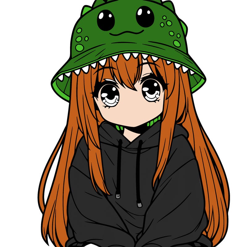 girl with anime shaped eyes with a dinosaur bucket hat oversized sweatshirt long straight hair