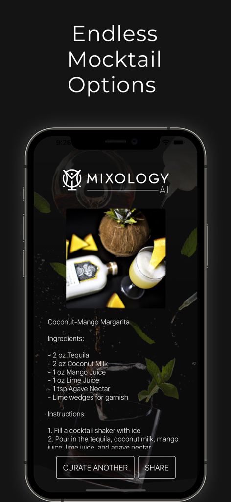 Mixology AI - Pantalla de la aplicación Mixology AI que muestra una receta de Margarita de Coco y Mango con ingredientes e instrucciones.