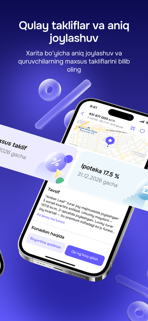 Urbo - Uy sotib olish va ijara - Urbo app interface displaying a property listing with a map view and mortgage interest rate offers
