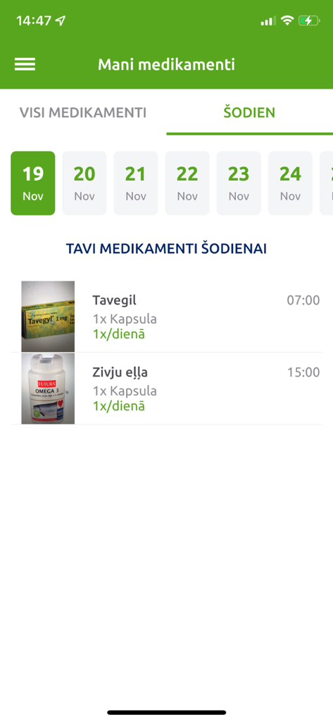 BENU Aptieka - Daily medication reminder screen showing scheduled doses for Tavegil and Fish oil capsules