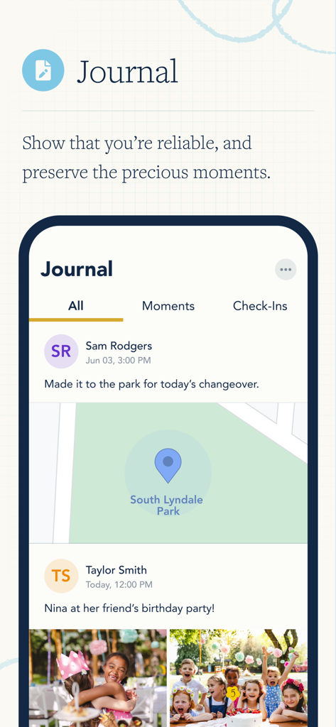 OurFamilyWizard Co-Parent App - La funzione diario di OurFamilyWizard che mostra un check-in GPS in un parco e foto di famiglia condivise