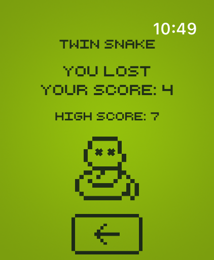 Snake - Classic - Game over screen for Snake Classic showing a pixel art snake and the user score.