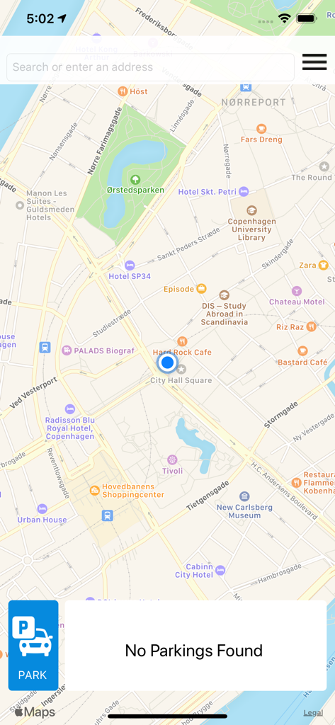 PARK LITE app map interface showing city street locations and a button to start a parking session