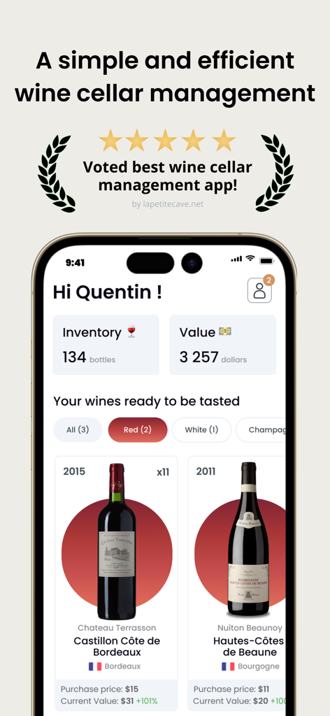 Oeni: #1 Wine Cellar Manager - Oeniアプリのダッシュボード。ワインの在庫数、セラーの総評価額、市場価値の追跡機能付きの個々のワインボトルが表示されています。