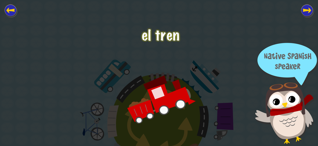 Gus the owl character teaching Spanish vocabulary for train with native speaker audio